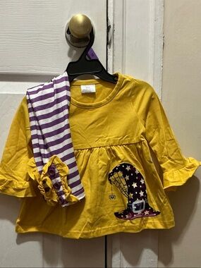 Kids Yellow Witch Tunic Set with Purple Striped Leggings